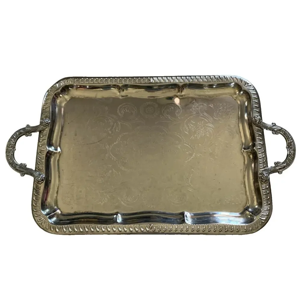 Large Stainless Steel Serving Tray Victorian Vintage Silver Color